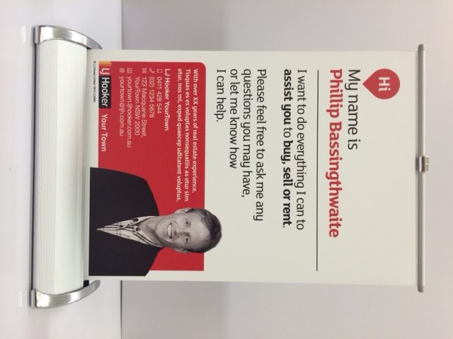 Real estate agent promotional banner with contact details