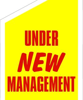 Under new management sign in yellow and red