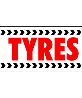 Banner displaying the word TYRES in red