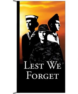 Military tribute banner with Lest We Forget text