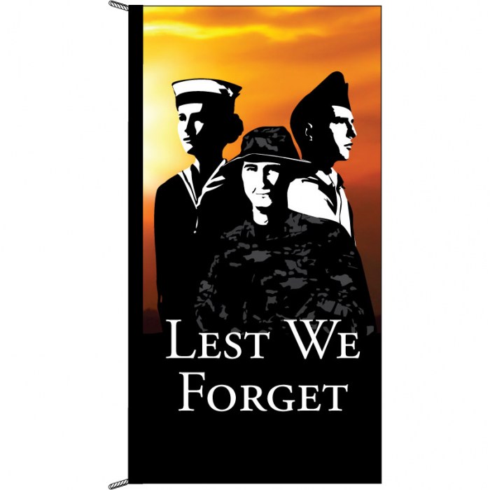 Military tribute banner with Lest We Forget text