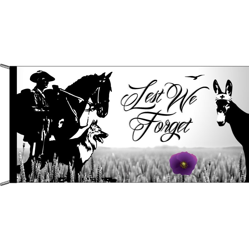 Lest We Forget memorial with soldier and animals