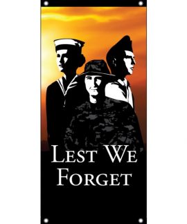 Military tribute banner with Lest We Forget message