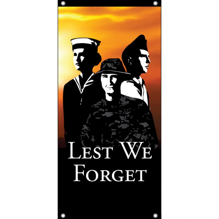 Military tribute banner with Lest We Forget message