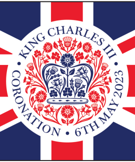 Union Jack flag with King Charles III coronation emblem