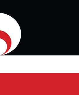 Black white red flag with koru spiral design