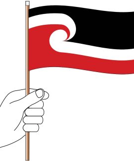 Hand holding a red, black, white flag