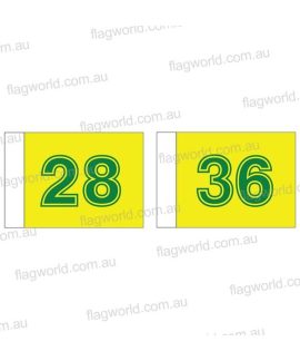 Yellow flags with green numbers 28 and 36