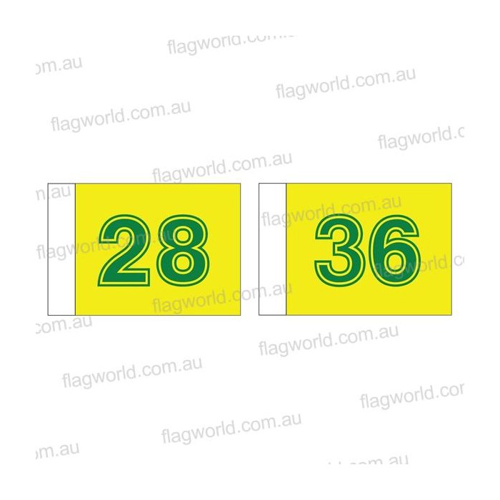 Yellow flags with green numbers 28 and 36
