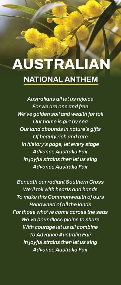Australian national anthem lyrics with wattle flowers background