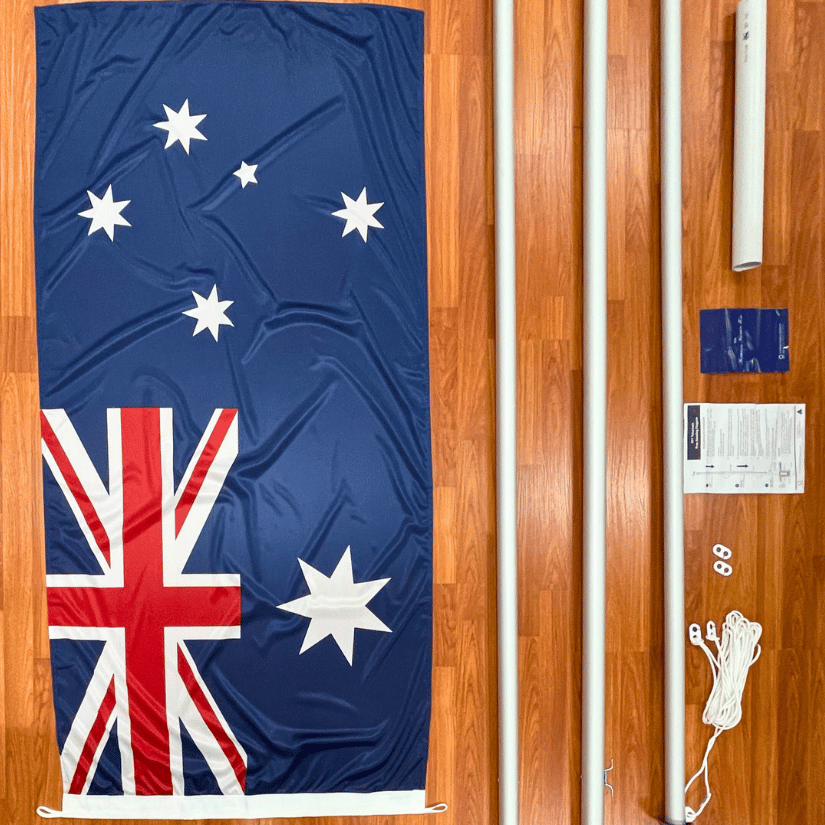 Australian flag with disassembled flagpole kit parts