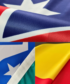 Close-up of colorful folded fabric flags