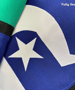 Colorful sewn flag with star and wave pattern