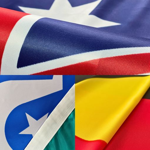 Close-up of colorful international flags fabric