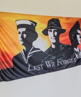 Military tribute flag with Lest We Forget text