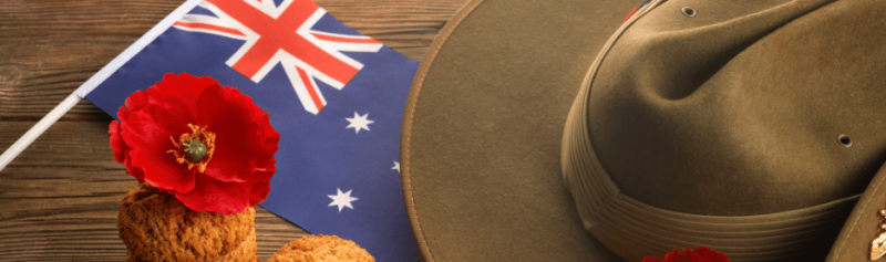 Australian flag with hat and poppy flowers