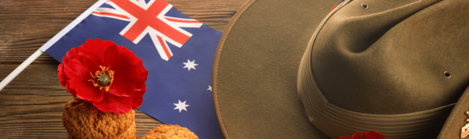 Australian flag with hat and poppy flowers