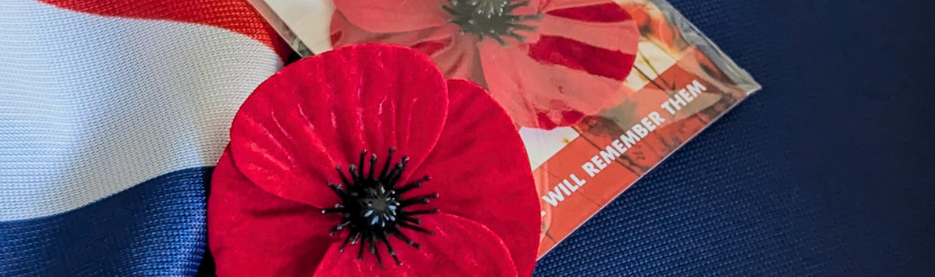 Red remembrance poppy on patriotic fabric