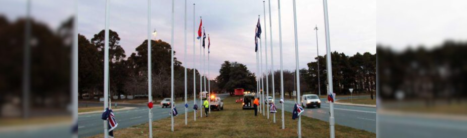 Flags at half-mast along a roadside memorial.