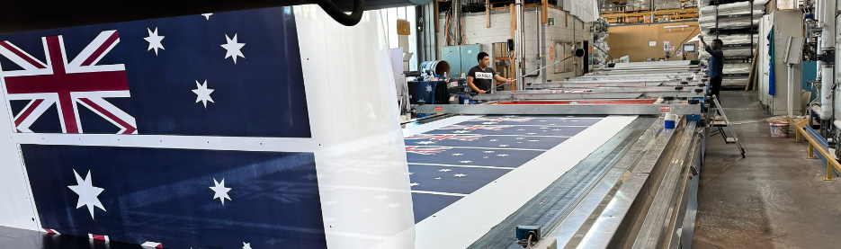 Australian flags being printed in a factory