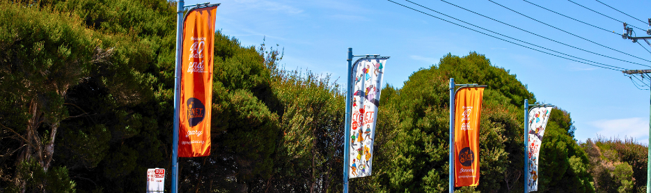 Colorful street banners with trees and blue sky
