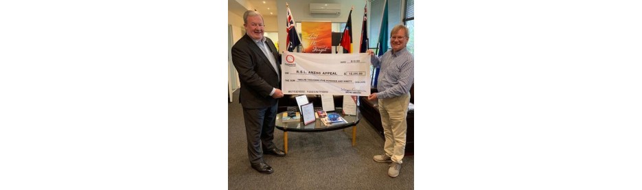 Two men holding a large donation check