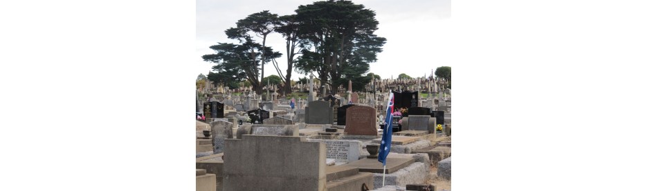 Cemetery with gravestones and trees under cloudy sky